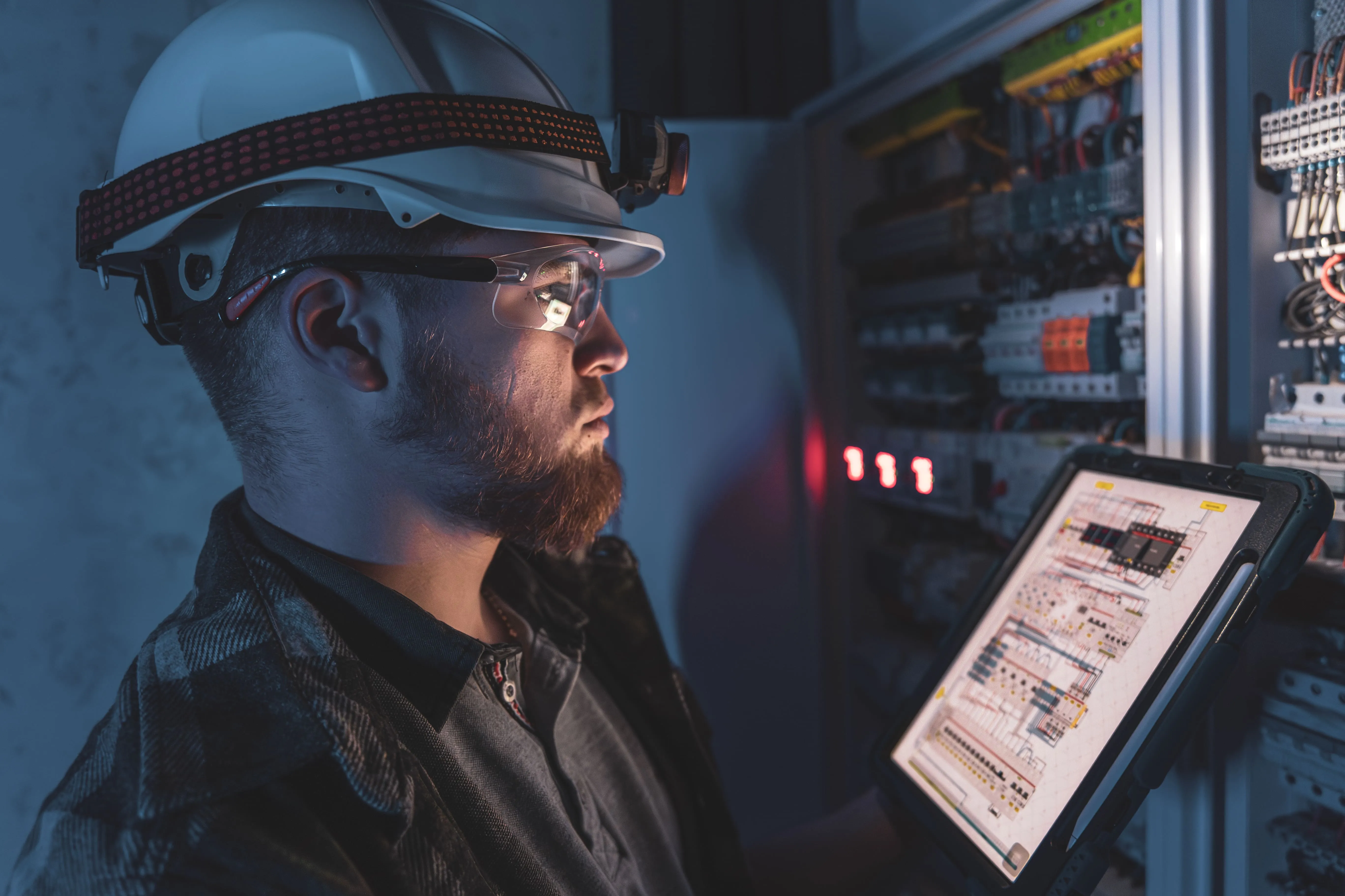 Technicien devant une armoire industrielle 