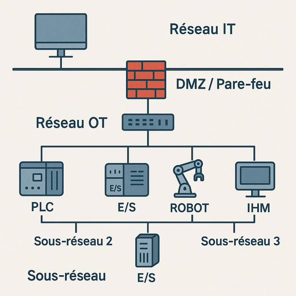 Schéma réseau OT montrant segmentation, automates industriels et topologie d’un réseau de production.